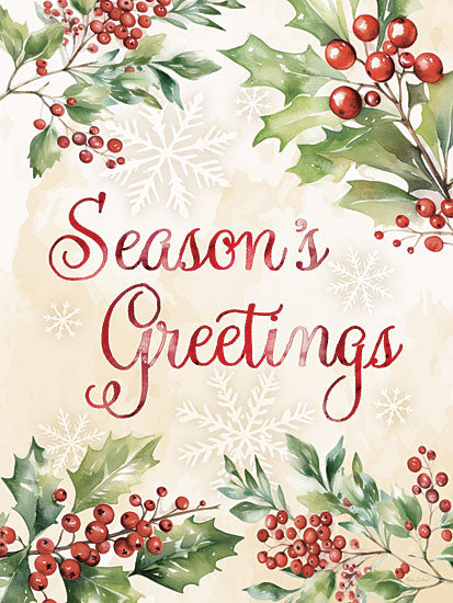 Nicole DeCamp ND756 - ND756 - Season's Greetings     - 12x16 season’s greetings, red berries, holly leaves, snowflakes, festive typography, watercolor holiday card, Christmas card design, winter foliage, greeting card art from Penny Lane