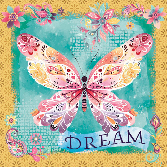 Nicole DeCamp ND762 - ND762 - Dream Butterfly - 12x12 dream text with butterfly, vibrant paisley florals, fantasy garden, cheerful and colorful design, uplifting theme, mixed media style, bright green backdrop from Penny Lane