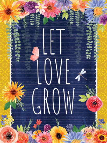 Nicole DeCamp ND772 - ND772 - Let Love Grow Here - 12x16 colorful garden flowers, 'Let Love Grow' quote, botanical design, pink butterfly, dragonfly, watercolor art, uplifting message from Penny Lane