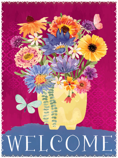 Nicole DeCamp ND774 - ND774 - Welcome Potted Flowers - 12x16 flower bouquet in yellow vase, 'Welcome' message, butterflies, purple background, watercolor garden scene from Penny Lane