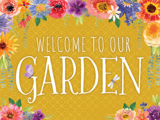 Nicole DeCamp ND775 - ND775 - Welcome to Our Garden - 16x12 garden welcome sign, 'Welcome to our Garden', vibrant flowers, gold background, dragonfly, butterfly, floral border from Penny Lane