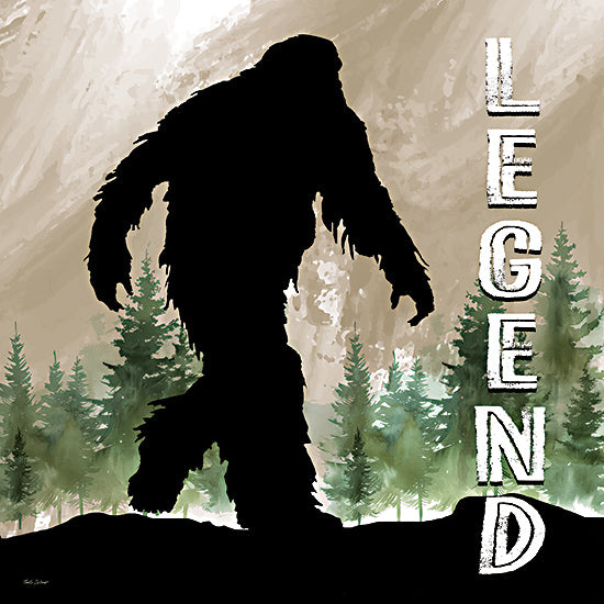 Nicole DeCamp ND778 - ND778 - Bigfoot - Legend - 12x12 bigfoot figure, 'Legend' text, pine tree background, dark silhouette, forest legend concept, fantasy art from Penny Lane