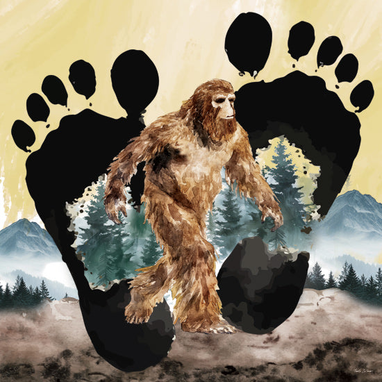 Nicole DeCamp ND780 - ND780 - Footprint of Mystery - 12x12 bigfoot walking with footprints, forest scene, silhouette art, yellow sky, mountains, wilderness myth from Penny Lane
