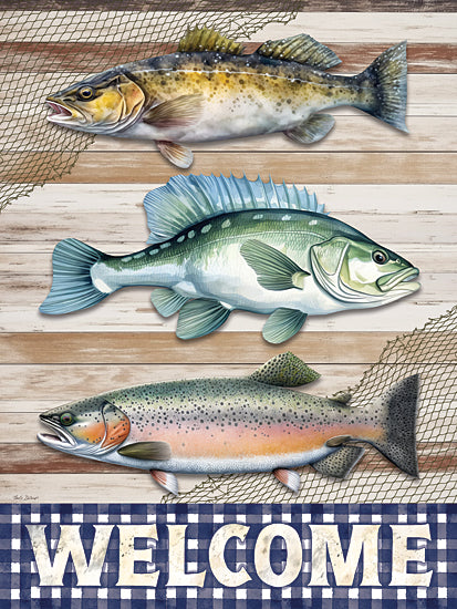 Nicole DeCamp ND783 - ND783 - Lake Welcome - 12x16 three fish illustration, welcome text, rustic wooden background, fishing net, aquatic theme, realistic fish species from Penny Lane