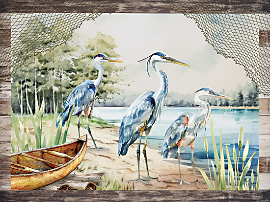 Nicole DeCamp ND785 - ND785 - Three Cranes - 16x12 herons on lakeshore, canoe on sand, pine trees and water scene, fishing net overlay, watercolor birds and nature from Penny Lane