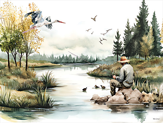 Nicole DeCamp ND786 - ND786 - Lake Life Fisherman - 16x12 man fishing by the lake, ducks, forest background, flying birds, tranquil setting, watercolor nature scene from Penny Lane
