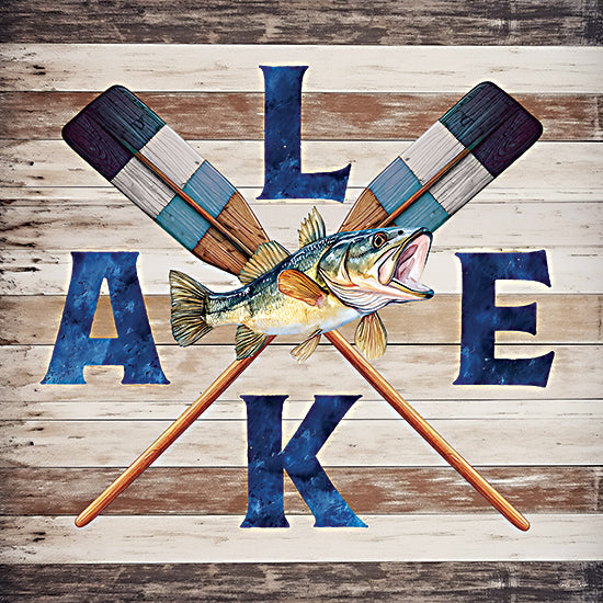 Nicole DeCamp ND789 - ND789 - Lake Life Oars - 12x12 crossed paddles, largemouth bass, bold LAKE letters, rustic background, fishing and boating theme, lakehouse decor from Penny Lane