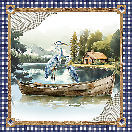 Nicole DeCamp ND790 - ND790 - Lake Life Boat with Cranes - 12x12 herons in canoe on lake, lakeside cabin, pine trees, mountainous backdrop, watercolor illustration, peaceful lodge scene from Penny Lane