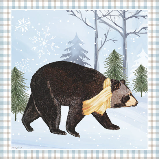 Nicole DeCamp ND801 - ND801 - Winter Wonderland Bear - 12x12 black bear, yellow scarf, snow scene, pine trees, checkered border, winter woods, animal in snow, forest background, seasonal art from Penny Lane