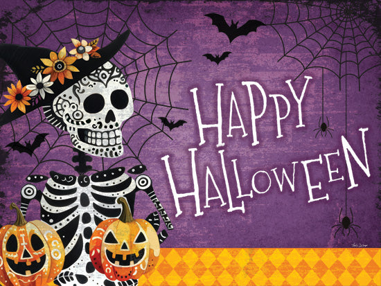 Nicole DeCamp ND807 - ND807 - Happy Halloween Skeleton - 16x12 Halloween, skeleton, witch hat, flowers, pumpkins, spider webs, bats, purple background, spooky theme, festive, cartoonish style from Penny Lane
