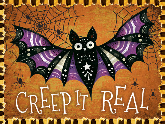 Nicole DeCamp ND808 - ND808 - Creep It Real Bat - 16x12 Halloween, bat, spiders, cobwebs, orange and purple, spooky, festive, humorous phrase, folk art style from Penny Lane