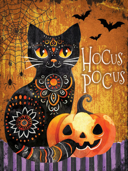 Nicole DeCamp ND809 - ND809 - Hocus Pocus Cat - 12x16 black cat, Halloween, jack-o-lantern, spooky, spiderweb, bats, festive, orange background, decorative illustration, folk art style from Penny Lane