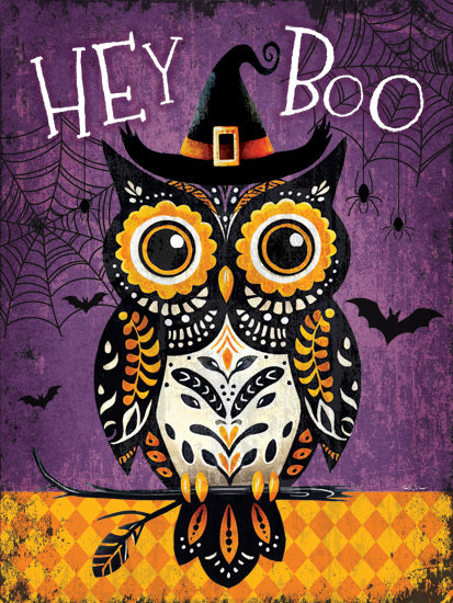 Nicole DeCamp ND810 - ND810 - Hey Boo Owl - 12x16 Halloween owl, witch hat, spiders, bats, purple background, decorative bird, folk art style, festive decor, whimsical design from Penny Lane