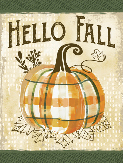 Nicole DeCamp ND826 - ND826 - Hello Fall Pumpkin - 12x16 fall decor, pumpkin, buffalo plaid, autumn leaves, rustic, harvest, seasonal greeting, Hello Fall, green border from Penny Lane