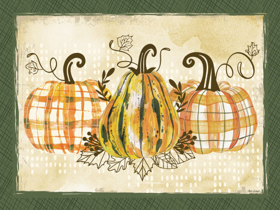 Nicole DeCamp ND827 - ND827 - Three Plaid Pumpkins - 16x12 pumpkins, fall decor, autumn plaid, watercolor art, green border, rustic leaves, squash, seasonal illustration, harvest time, foliage from Penny Lane