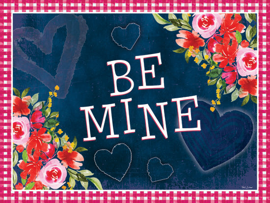 Nicole DeCamp ND833 - ND833 - Be Mine - 16x12 be mine quote, navy blue background, valentine’s flowers, gingham border, hearts illustration, romantic decor from Penny Lane