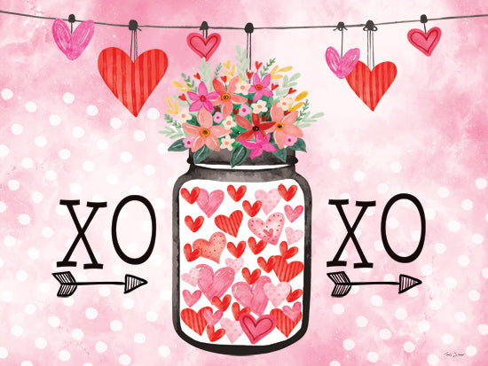 Nicole DeCamp ND837 - ND837 - XOXO Valentines - 16x12 XO valentine, mason jar hearts, pink background, floral bouquet, romantic string hearts, cute decor from Penny Lane