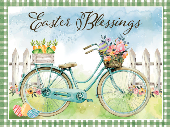 Nicole DeCamp ND842 - ND842 - Easter Blessings - 16x12 Easter blessings, vintage bicycle, spring flowers, Easter eggs, wooden crate, carrots, picket fence, gingham border, watercolor, festive decor from Penny Lane