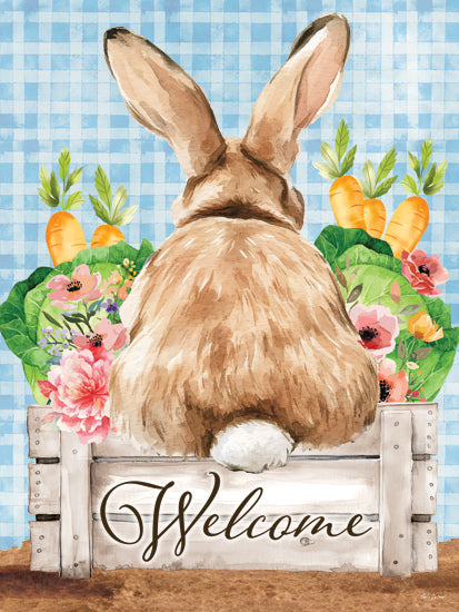 Nicole DeCamp ND843 - ND843 - Easter Bunny Welcome - 12x16 bunny rabbit, back view, flower garden, carrots and cabbage, springtime, wooden crate, welcome message, watercolor illustration, blue gingham background from Penny Lane