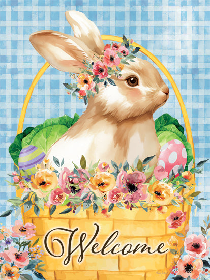 Nicole DeCamp ND844 - ND844 - Easter Bunny Basket - 12x16 bunny in flower basket, Easter eggs, flower crown, spring floral, welcome sign, watercolor style, vibrant blooms, blue checkered background from Penny Lane