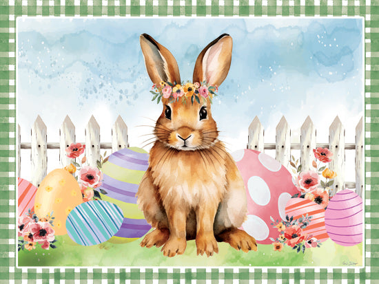 Nicole DeCamp ND845 - ND845 - Easter Bunny & Easter Eggs - 16x12 bunny with flower crown, Easter eggs, picket fence, green gingham border, springtime scene, floral accents, watercolor art from Penny Lane