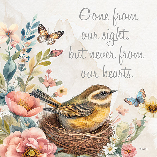 Nicole DeCamp ND854 - ND854 - Never Gone From My Heart - 12x12 memorial message, bird in nest, butterflies, floral border, inspirational quote, gentle colors, bereavement art, watercolor from Penny Lane