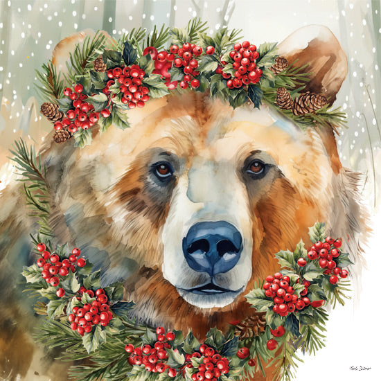 Nicole DeCamp ND856 - ND856 - Christmas Bear - 12x12 bear with wreath, red berries, pinecones, forest background, festive animal, holiday decoration, watercolor illustration from Penny Lane