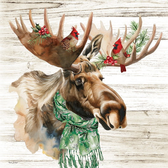 Nicole DeCamp ND858 - ND858 - Winter Woodland Moose - 12x12 moose with green scarf, cardinals on antlers, rustic Christmas art, festive woodland scene, watercolor illustration from Penny Lane