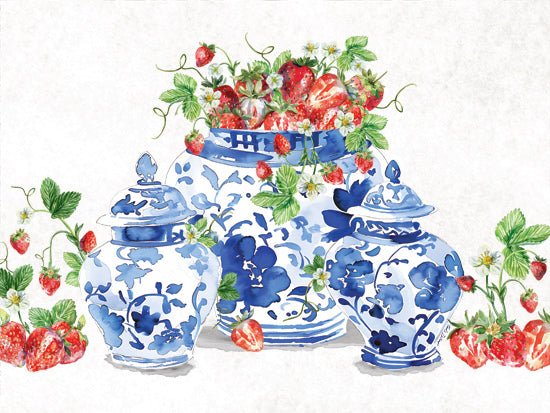 Nicole DeCamp ND867 - ND867 - Ginger Jars and Strawberries - 16x12 blue and white ginger jars, strawberries, strawberry blossoms, chinoiserie pottery, summer fruit arrangement, farmhouse kitchen decor, watercolor still life, botanical leaves, cottagecore style, fresh berries, decorative ceramics, garden harvest illustration from Penny Lane