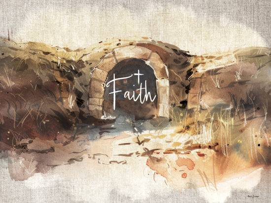 Nicole DeCamp ND871 - ND871 - He is Risen Faith Tomb - 16x12 Faith, empty tomb, resurrection scene, spiritual watercolor, Christian art, inspirational typography, rocky hillside, Easter art from Penny Lane