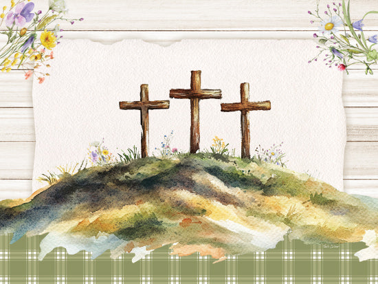 Nicole DeCamp ND872 - ND872 - Cross Landscape - 16x12 three crosses, hill, wildflowers, wooden cross, Christian symbolism, floral Easter, watercolor scenery, spring faith art from Penny Lane