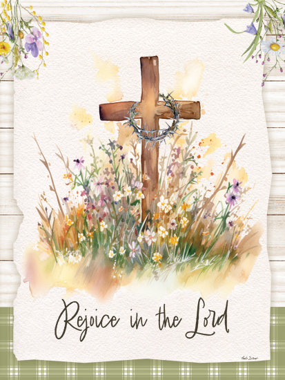 Nicole DeCamp ND873 - ND873 - Rejoice in the Lord - 12x16 Rejoice in the Lord, crown of thorns, wooden cross, wildflowers, watercolor Easter art, Christian inspiration, resurrection symbol from Penny Lane