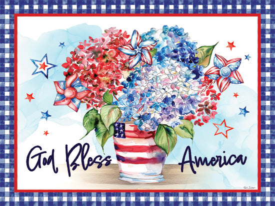 Nicole DeCamp ND876 - ND876 - God Bless America Bouquet - 16x12 god bless america, patriotic hydrangeas, red white blue blossoms, star pinwheels, American flag pot, watercolor texture, independence theme from Penny Lane