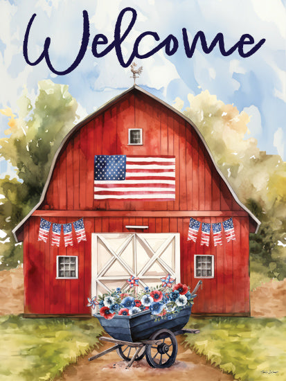 Nicole DeCamp ND883 - ND883 - American Courtyside - 12x16  Red barn, American flag, patriotic bunting, welcome text, wheelbarrow with flowers, rustic country setting, blue sky, watercolor art from Penny Lane