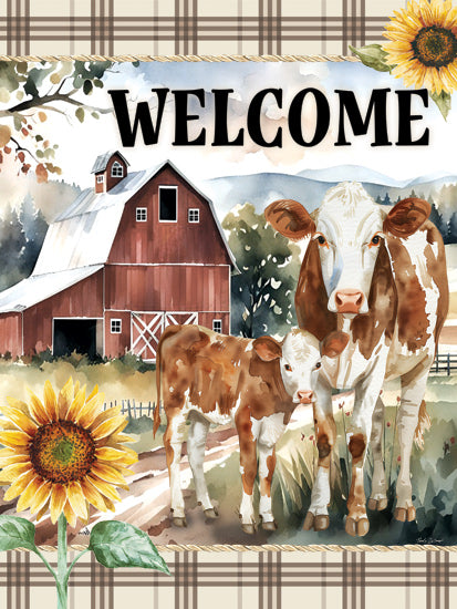 Nicole DeCamp ND886 - ND886 - Country Welcome - 12x16 farm welcome sign, cow and calf, red barn, sunflower accents, rustic country decor, farmhouse style from Penny Lane