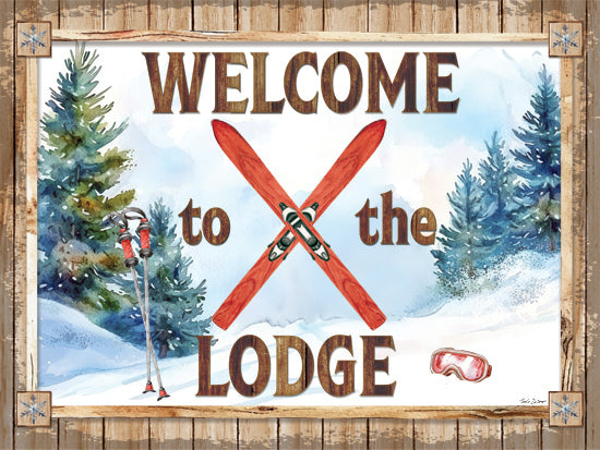 Nicole DeCamp ND916 - ND916 - Welcome to the Lodge - 16x12 welcome to the lodge sign with crossed skis, winter resort decor, snowy forest landscape, ski poles, goggles, rustic wooden frame, alpine lodge illustration, mountain vacation theme from Penny Lane