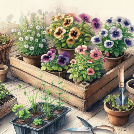 Nicole DeCamp ND921 - ND921 - Spring Flowers - 12x12 Assorted potted flowers, gardening tools, wooden table, crate, herbs, colorful pansies, cozy gardening setting, watercolor art from Penny Lane