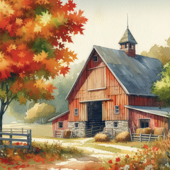 Nicole DeCamp ND922 - ND922 - October's Palette - 12x12 Red barn, autumn foliage, hay bales, rural setting, dirt path, golden sunlight, countryside life, watercolor scene from Penny Lane