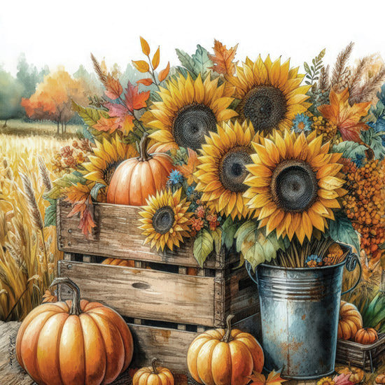 Nicole DeCamp ND923 - ND923 - Fall Finds - 12x12 Sunflowers, pumpkins, wooden crate, fall leaves, country harvest theme, field background, watercolor painting from Penny Lane
