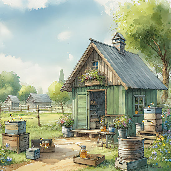 Nicole DeCamp ND935 - ND935 - Countryside Garden Shed - 12x12 farm shed, honey jars, beekeeping supplies, flowerpots, wooden crates, countryside, sunny day, watercolor, bee boxes, garden scene, rural life from Penny Lane