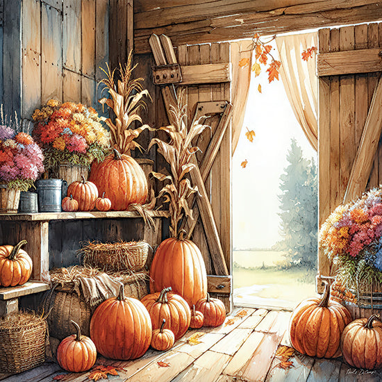Nicole DeCamp ND937 - ND937 - Fall Flowers & Pumpkins Still Life - 12x12 barn interior, pumpkins, fall flowers, chrysanthemums, cornstalks, wooden shelves, natural light, open barn doors, autumn decor, rustic charm from Penny Lane