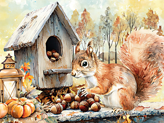 Nicole DeCamp ND939 - ND939 - Fall Woodland Squirrel & Birdhouse - 16x12 squirrel, acorns, birdhouse, autumn leaves, pumpkins, lantern, trees, forest background, rustic decor, wildlife, woodland scene, cozy fall vibes from Penny Lane