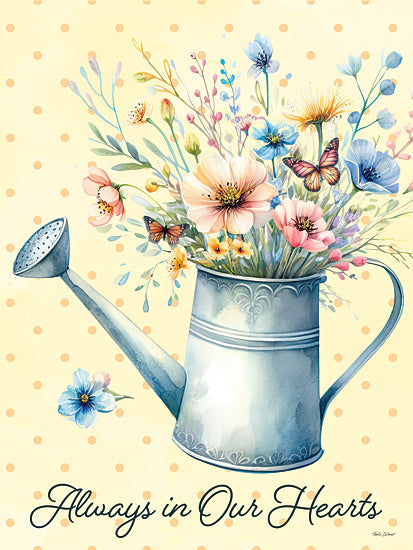 Nicole DeCamp ND942 - ND942 - Always in Our Hearts - 12x16 watering can with flowers, butterflies, wildflowers, polka dot background, spring vibe, inspirational message, delicate florals, pastel tones, sympathy from Penny Lane