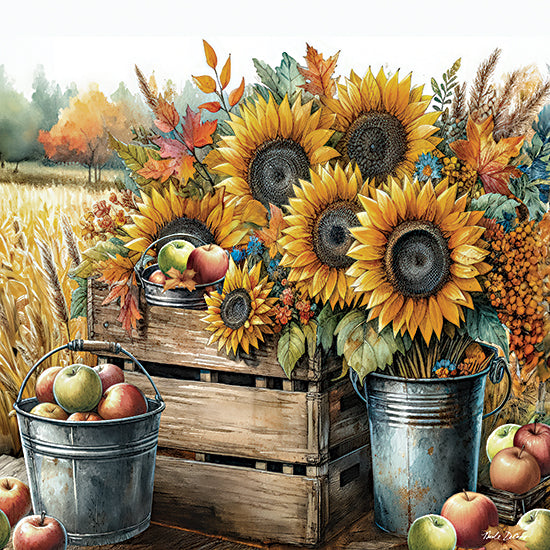 Nicole DeCamp ND958 - ND958 - Autumn Sunflowers and Apples - 12x12 sunflower harvest arrangement, apples, autumn leaves, rustic crates, fall decor from Penny Lane