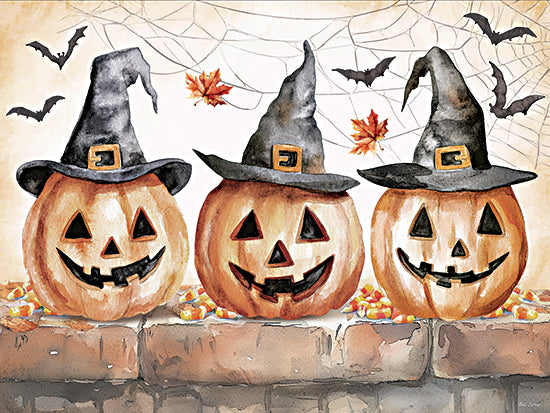 Nicole DeCamp ND965 - ND965 - Trio Halloween Jack-O-Lanterns - 16x12 three pumpkins, witch hats, Halloween decorations, candy corn, brick wall, spiders, fall leaves, festive and fun from Penny Lane