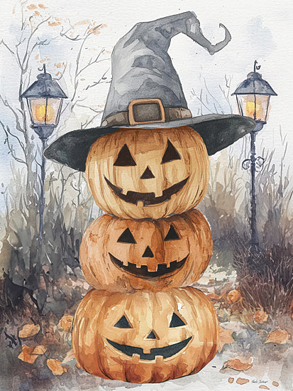Nicole DeCamp ND966 - ND966 -  Jack-O-Lantern Stack - 12x16 stacked jack-o-lanterns, witch hat, Halloween decor, autumn leaves, spooky path, vintage lanterns, pumpkin faces, seasonal illustration from Penny Lane