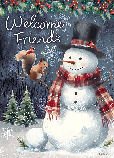 Nicole DeCamp ND990 - ND990 - Welcome Friends Snowman - 12x16 snowman, Welcome Friends text, squirrel, red cardinal, snowflakes, holly border, Christmas trees, festive art, winter illustration, friendly greeting from Penny Lane