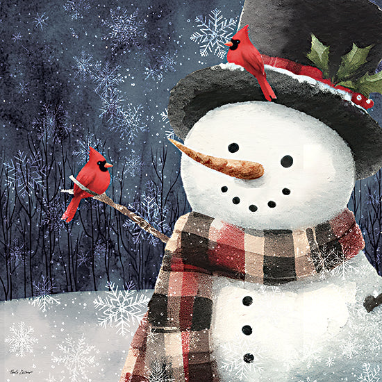 Nicole DeCamp ND995 - ND995 - Christmas Snowman with Cardinal IV - 12x12 snowman, top hat, plaid scarf, two cardinals, snowflakes, forest background, wintertime, festive illustration, holiday decor, Christmas snowman from Penny Lane