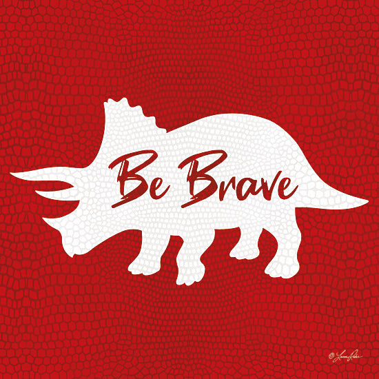 Lauren Rader RAD1475 - RAD1475 - Be Brave Dinosaur - 12x12 dinosaur silhouette, be brave quote, motivational, triceratops graphic, red background, courage message, kids room art, texture design from Penny Lane