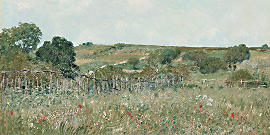 Lauren Rader RAD1485 - RAD1485 - Meadow View - 18x9 green meadow landscape with wildflowers and rustic fence, countryside scenery, rolling hills, pastoral nature scene, impressionistic field painting from Penny Lane